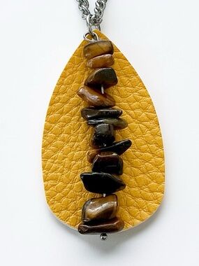 🆕 Gemstones and Faux Leather Pendant Necklace-Stainless Steel